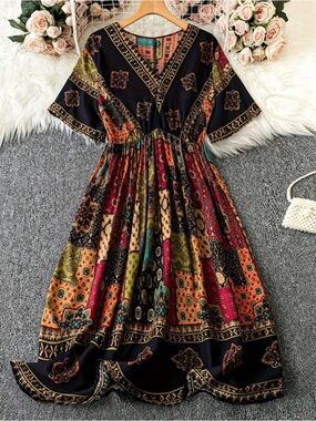 Bohemian Patchwork Print V-Neck Midi Dress - Multi New Boutique